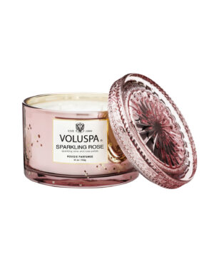 Voluspa aromātiskās sveces Sparkling Rose stikla trauciņā ar vāciņu