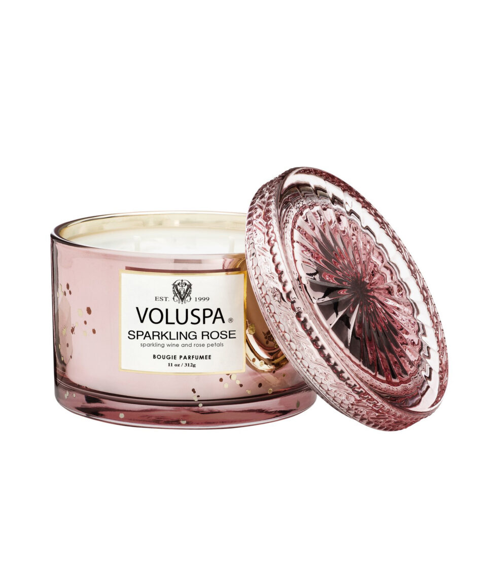 Voluspa aromātiskās sveces Sparkling Rose stikla trauciņā ar vāciņu