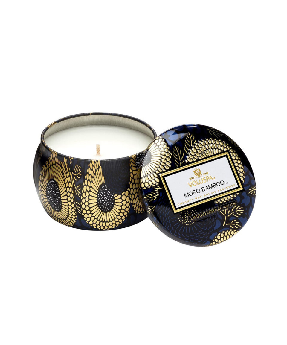 Voluspa aromātiskās sveces Moso Bamboo metāla trauciņā