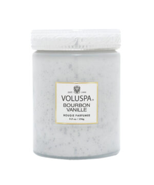 Voluspa aromātiskā svece Bourbon Vanille stikla trauciņā ar vāciņu
