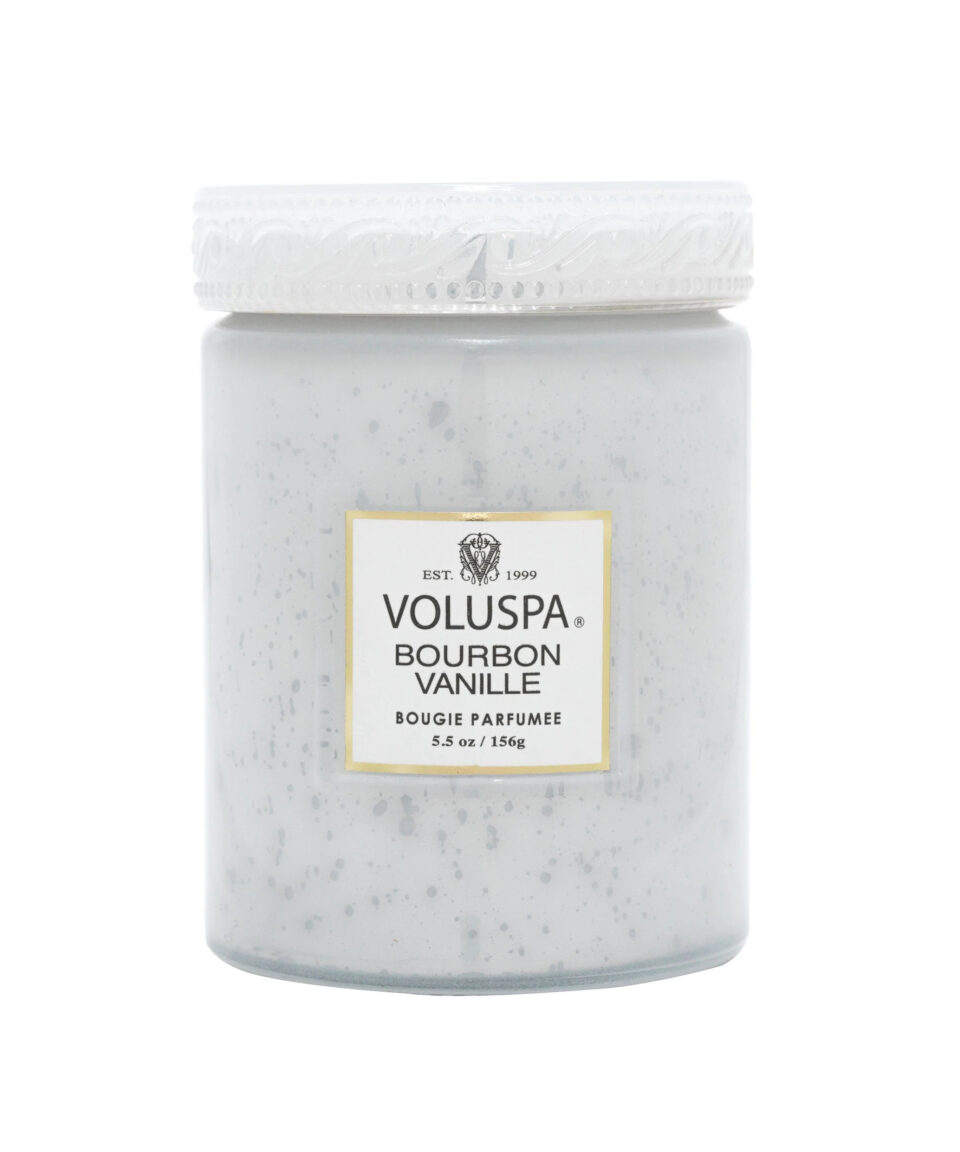 Voluspa aromātiskā svece Bourbon Vanille stikla trauciņā ar vāciņu