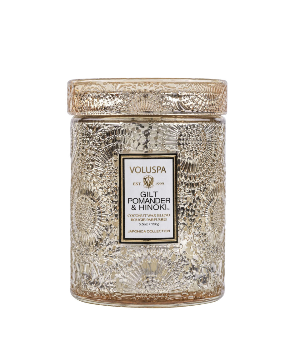 Voluspa aromātiskā svece Gilt Pomander stikla trauciņā ar vāciņu