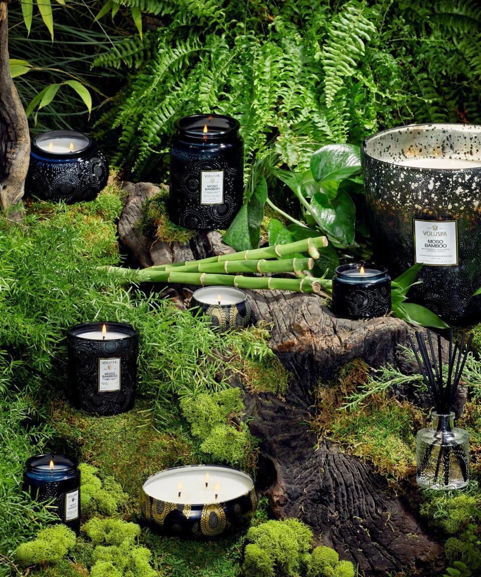 Voluspa aromātiskās sveces Moso Bamboo skaista sveču kompozīcija