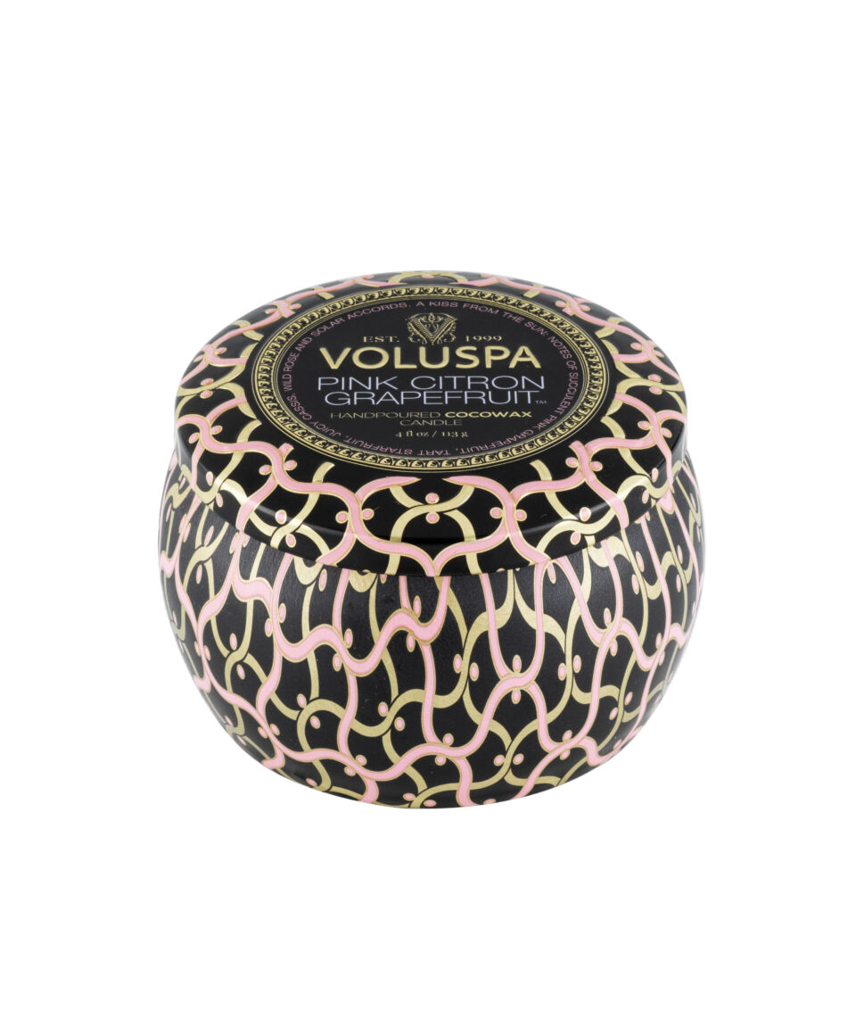 Voluspa aromātiskās sveces Pink Citron Grapefruit metāla trauciņā ar vāciņu